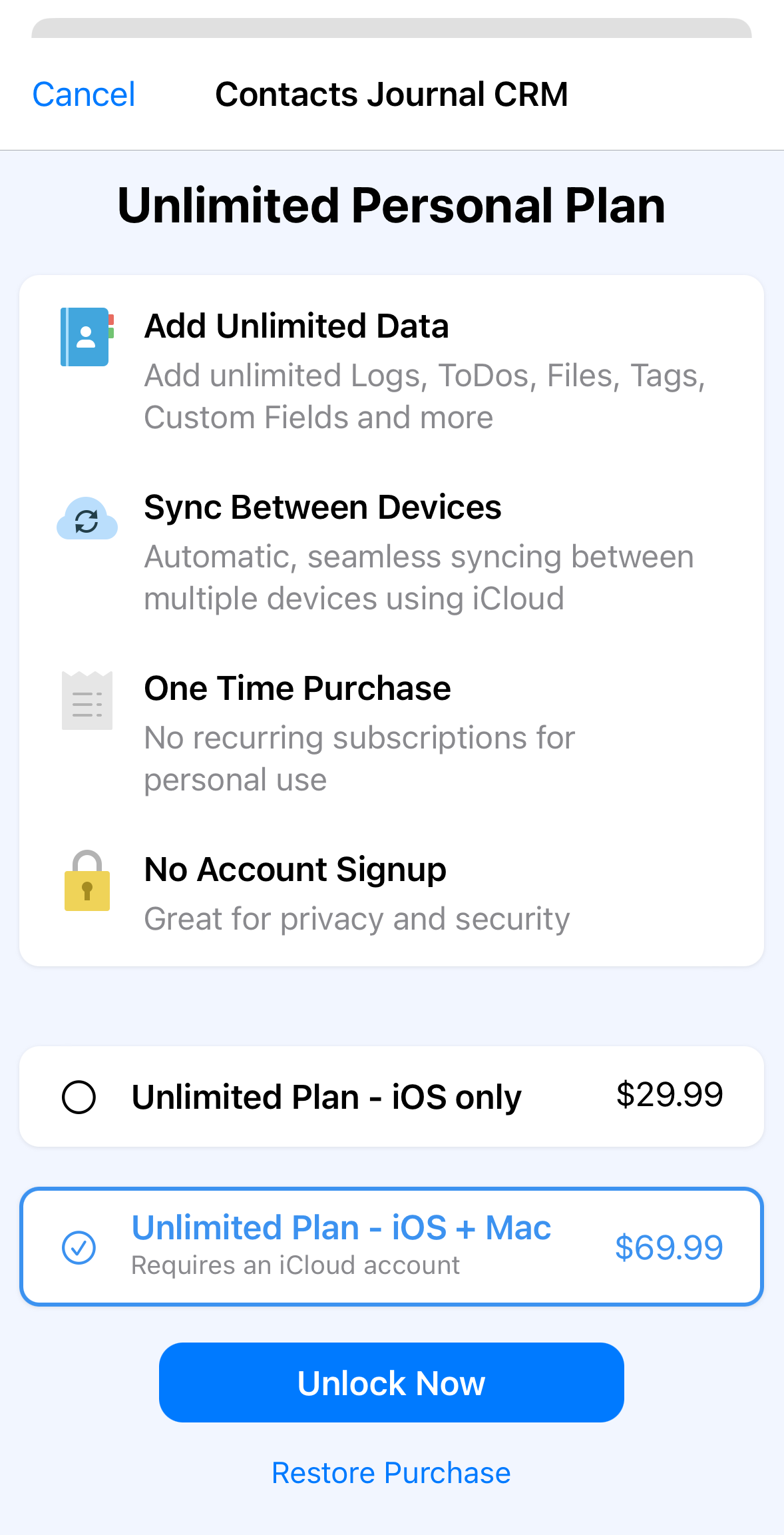 Unlimited Personal Plan – Contacts Journal CRM